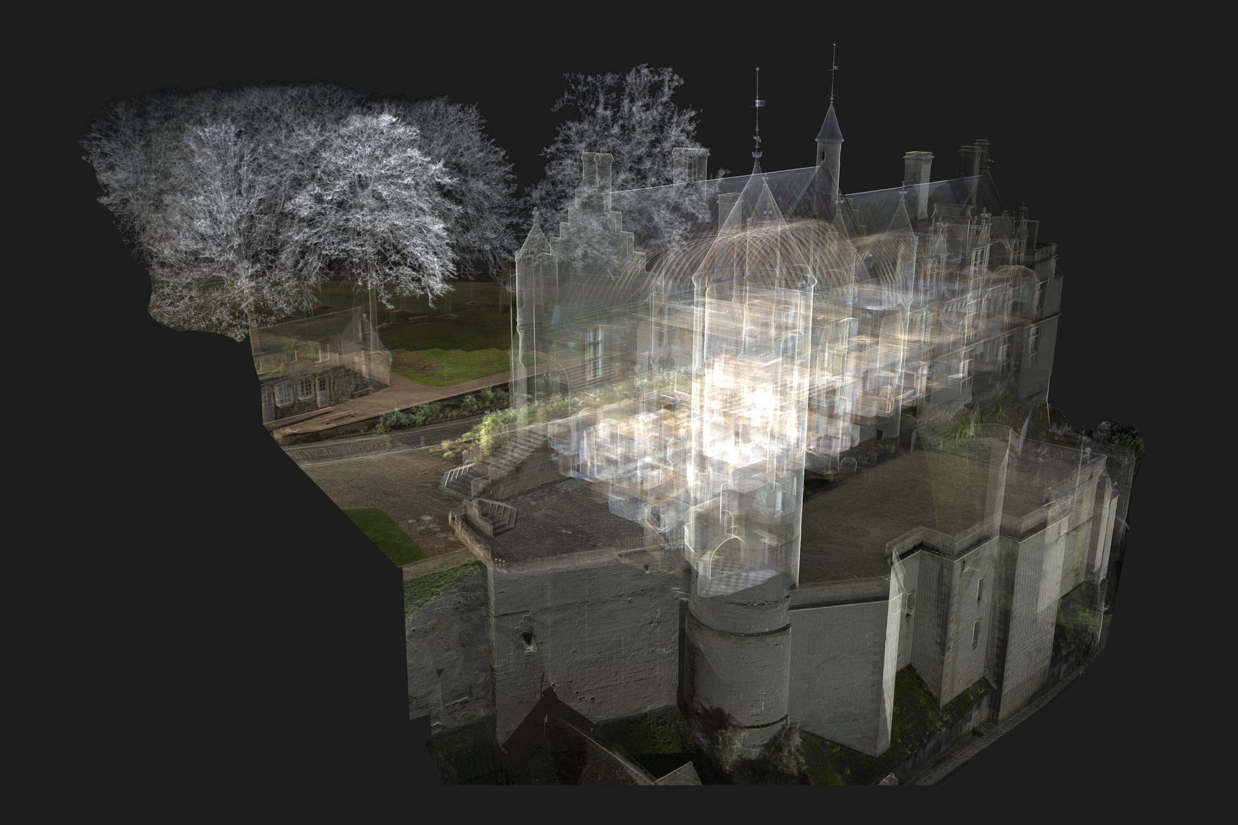 Nuage de points du logis royal de Loches — rendu rayon X, jardins et arbres compris