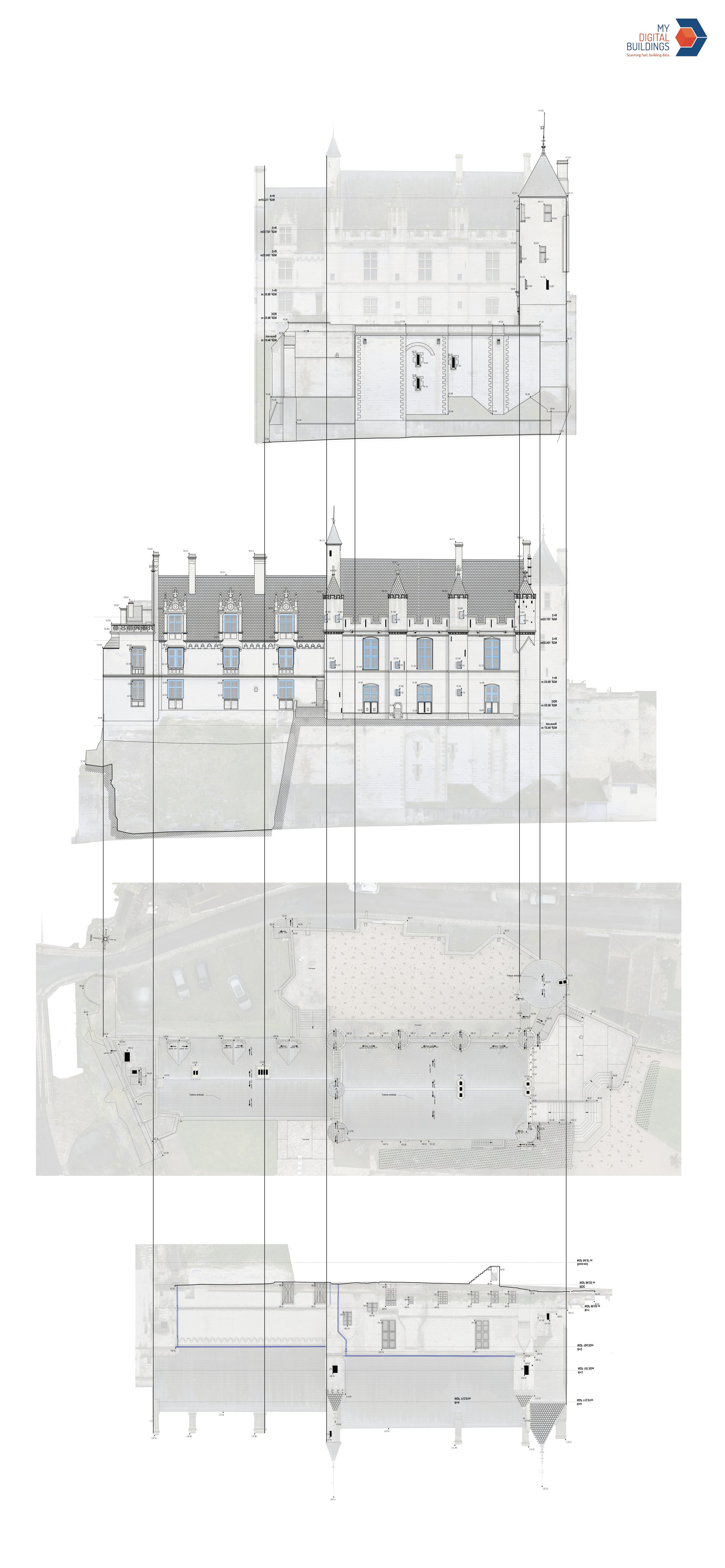 Planche des livrables : coupe transversale, élévation, plan zénithal et coupe longitudinale du logis royal superposés à l'orthophoto