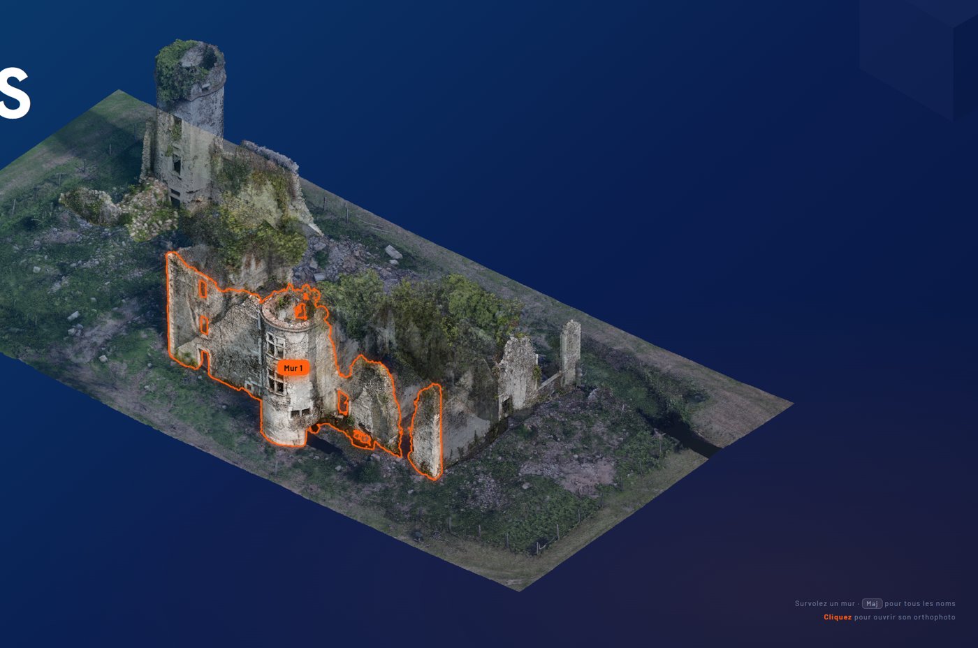 Relevé photogrammétrique POLINEAS — ruines en 3D, mur 1 surligné