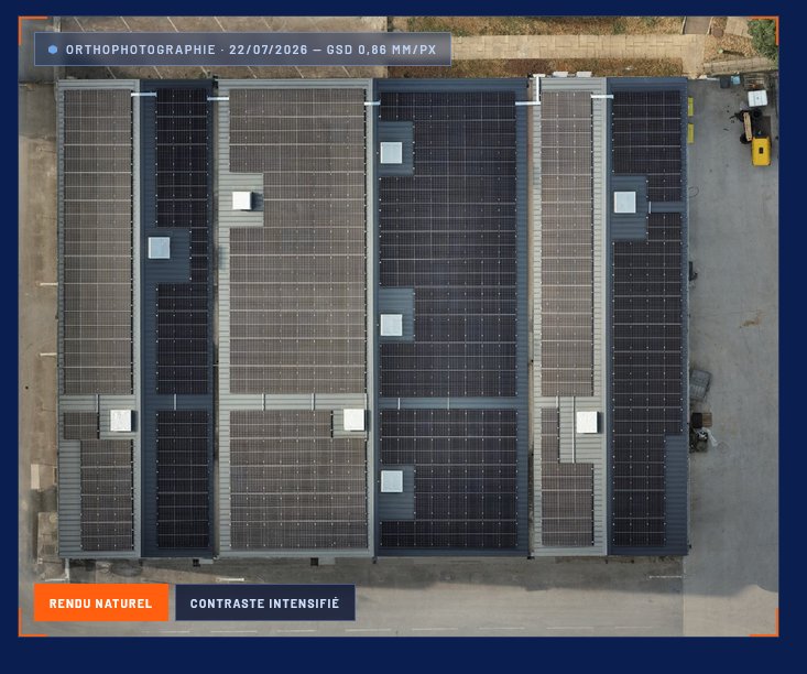 Orthophotographie de toiture photovoltaïque — rapport d'inspection grêle